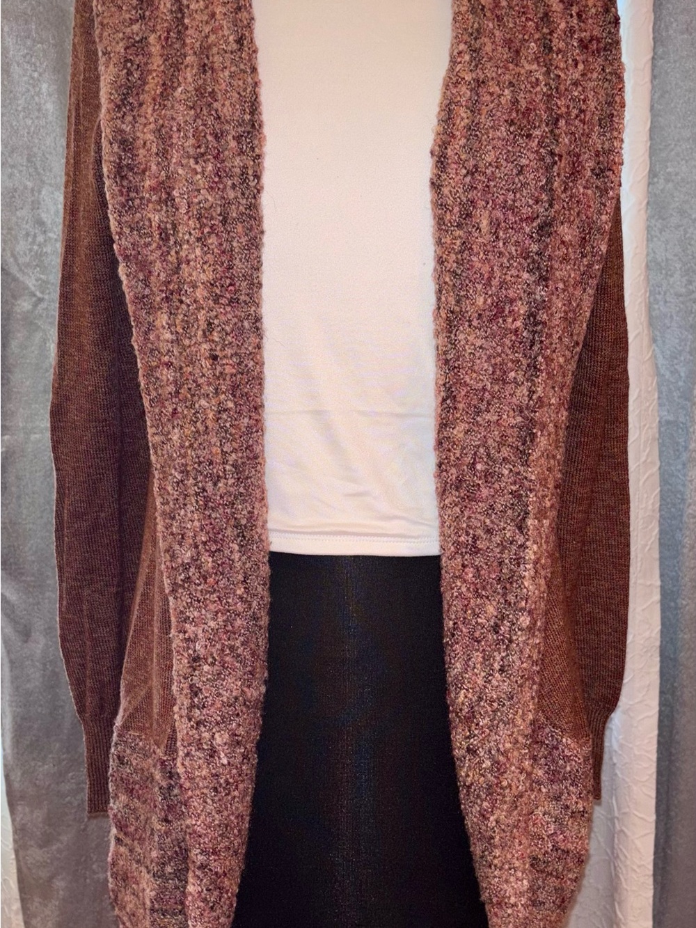Open-Front Textured Knit Cardigan in Mauve Brown - Picture 2 of 4
